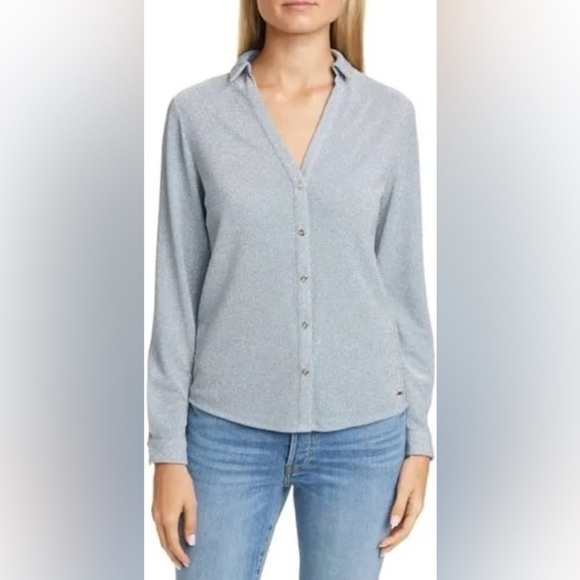 NWT Ted Baker Castelo Lurex Woven Metallic Shimmer Light Blue Button Down Shirt - Picture 2 of 9